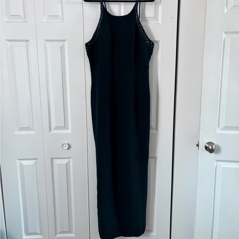 Elegant Black Floor Length Dress With Beaded Neckline and Back Detail